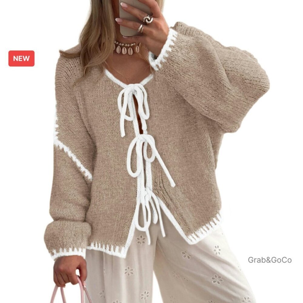 Tie Front Bow Cardigan Chunky Knit Puff Sleeve Oversized Fall Winter Sweater